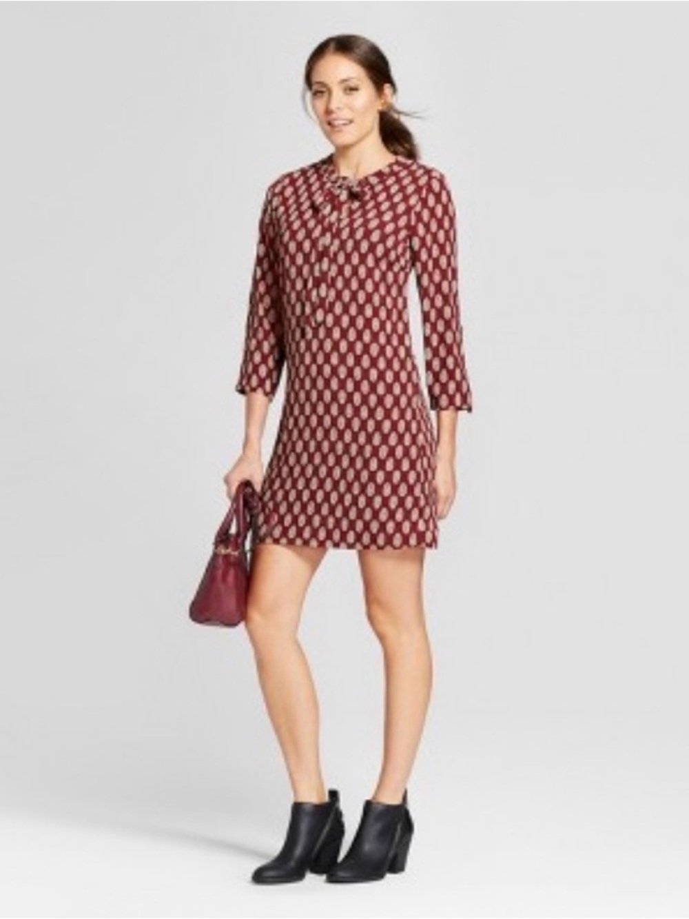 Loramendi Women's Red/brick Combo Tie Neck Printed Shift Dress Small New